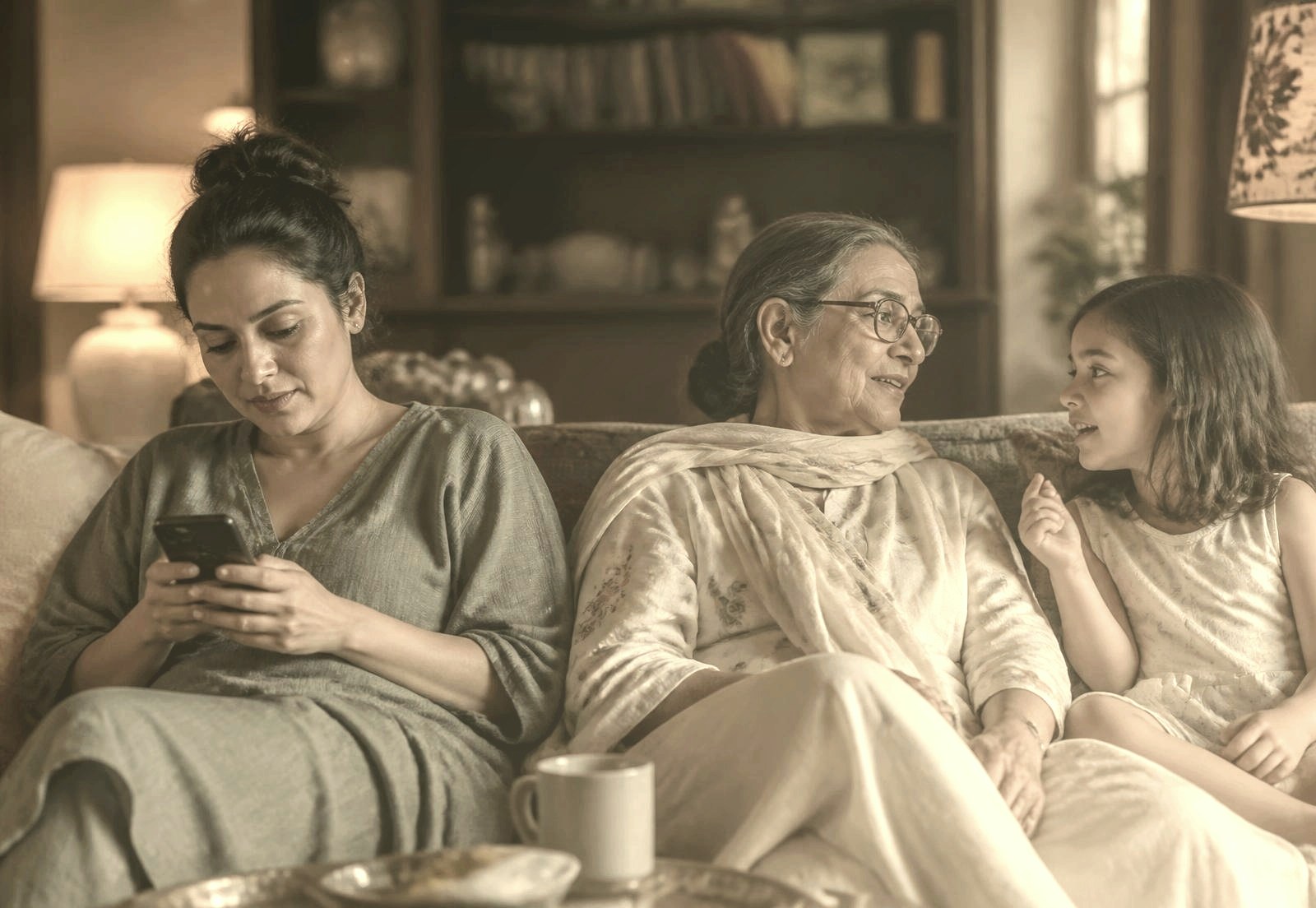 Three generations of a family sitting together on a sofa at home