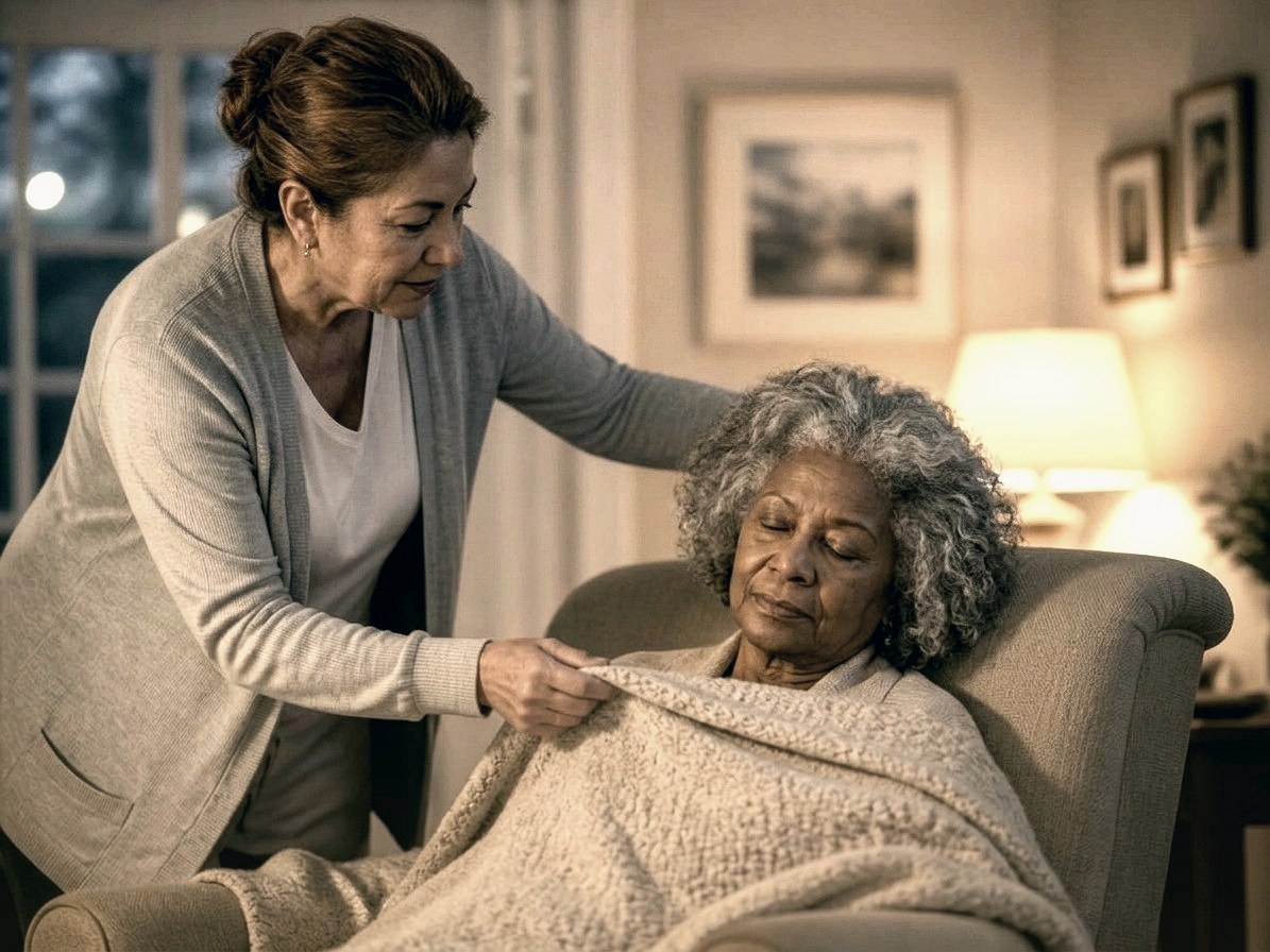 A caregiver laying a soft blanket over a resting older woman by lamplight