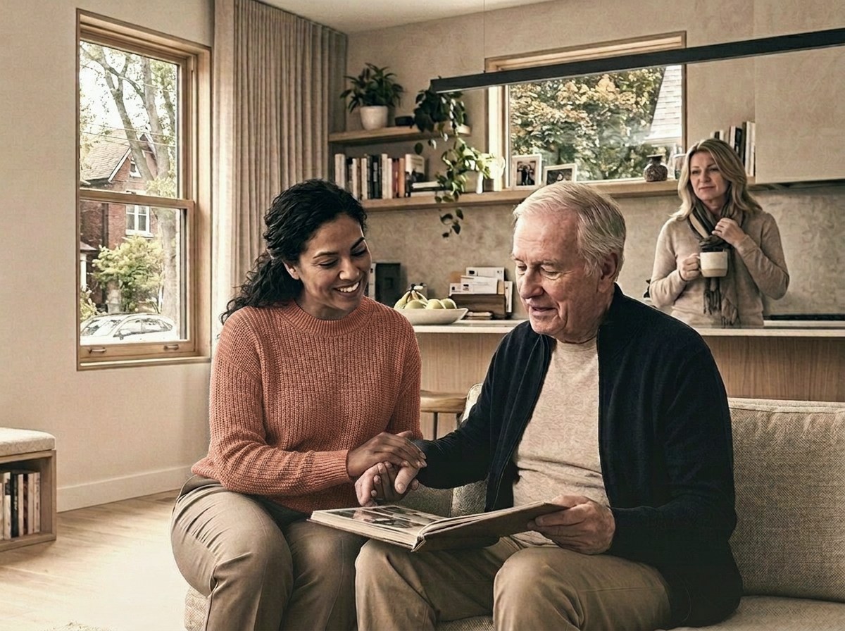 A family caregiver resting on the sofa while a caregiver supports her parent