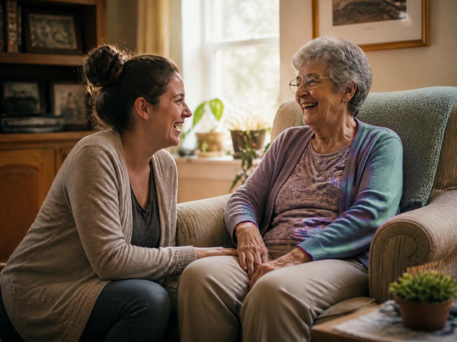A caregiver and an older woman sharing a warm conversation in a sunlit living room