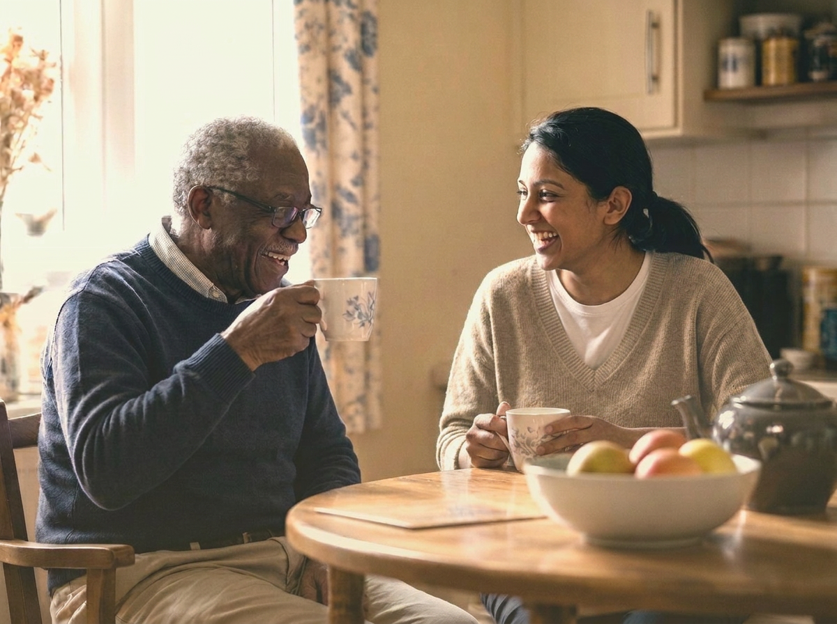 An older man and his caregiver laughing together over tea at a kitchen table
