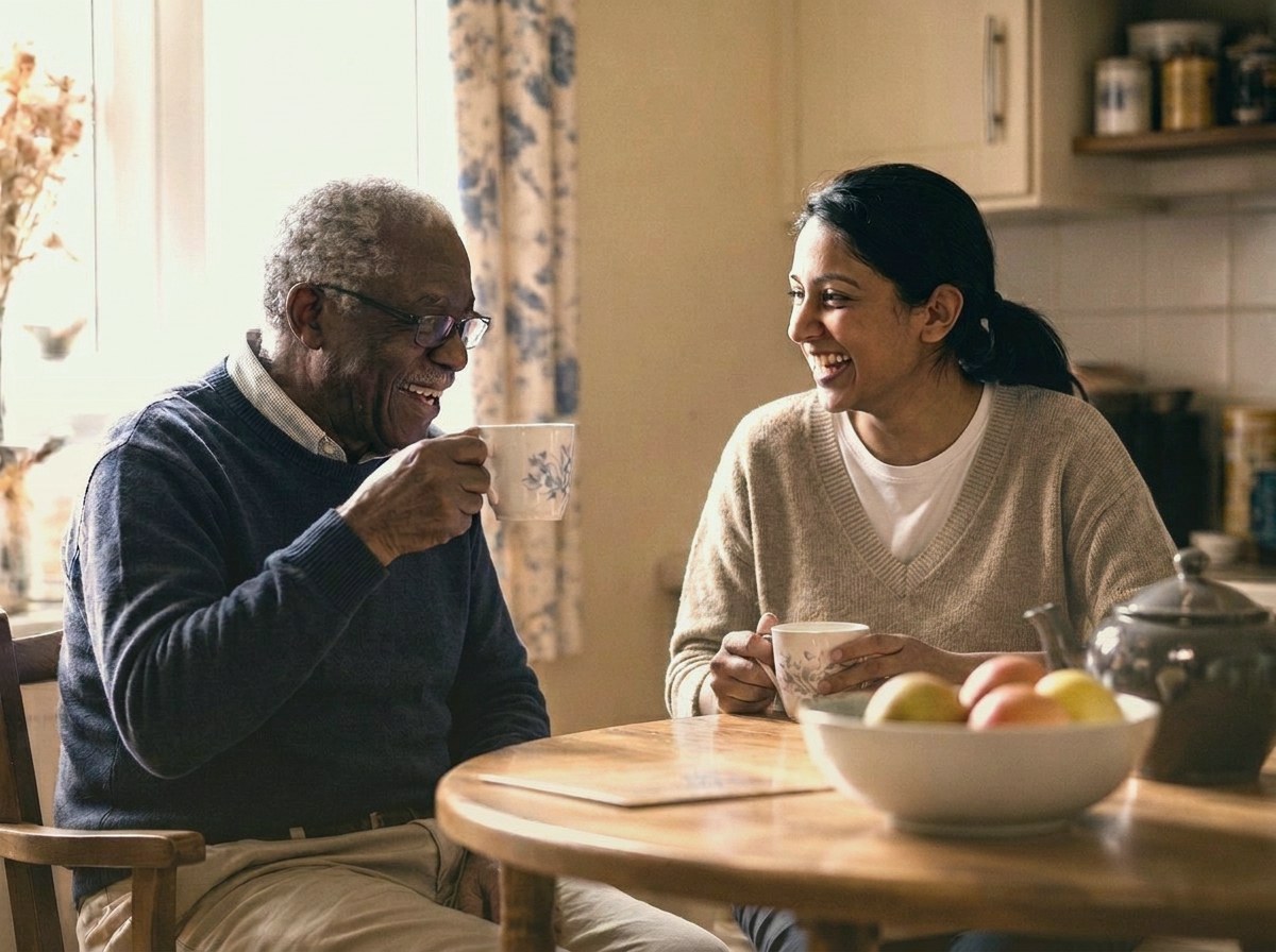 An older man and his caregiver laughing together over tea at a kitchen table